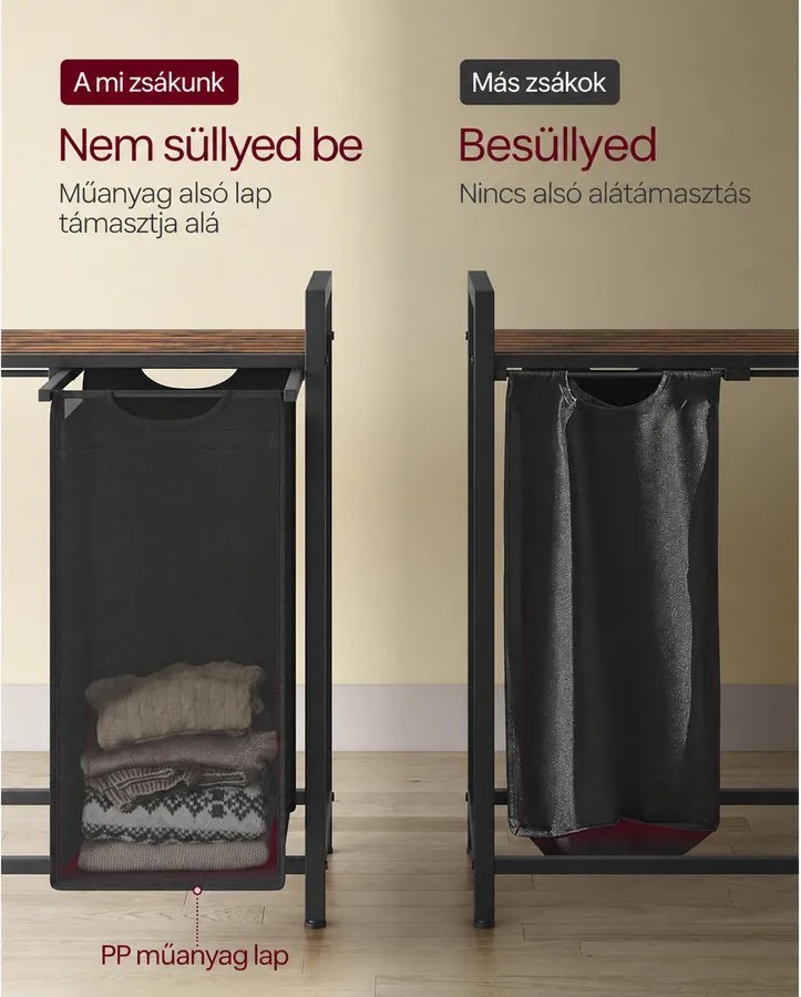 Szennyestartó, 4 rekeszes ruhaszeparáló kosár 116×33×72 cm, fekete és rusztikus barna
