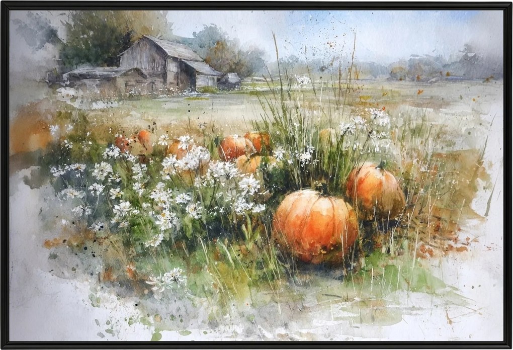 Poszter Keret Alumínium Tájkép Falu Farm Mező Farm Tök 60x40