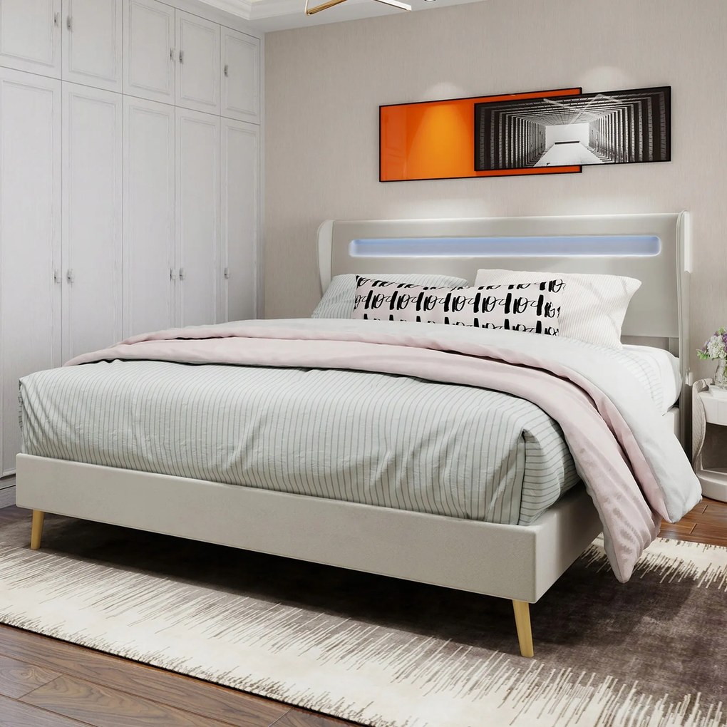 Franciaágy 160*200 cm kárpitozott LED-es ágy teherhordó 400kg bézs