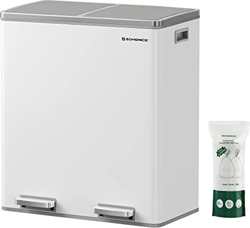 SONGMICS dupla szemetes, fém szelektív hulladékgyűjtő 15 szemeteszsákkal, 2 × 30 L, fehér–szürke