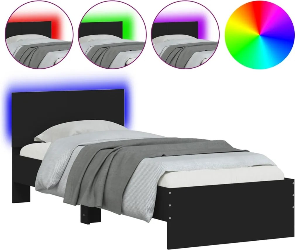 vidaXL fekete ágykeret fejtámlával és LED-világítással 75 x 190 cm