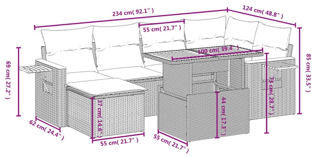 7 részes szürke polyrattan kerti ülőgarnitúra párnákkal