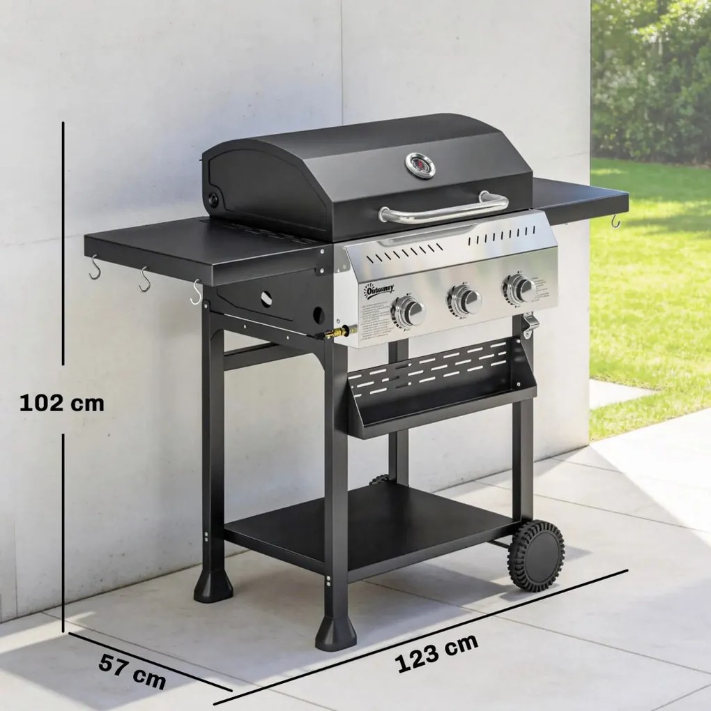 Gázgrill 9 KW 3 égős BBQ grillkocsi rozsdamentes acélból, összecsukható oldalsó asztallal, fűszertartóval