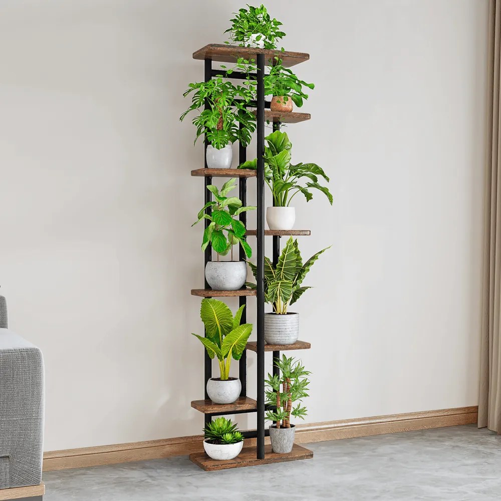 LEDOR TYP 4 8 polcos virágállvány, fémvázzal, 36 x 23 x 136 cm, rusztikus fa/fekete