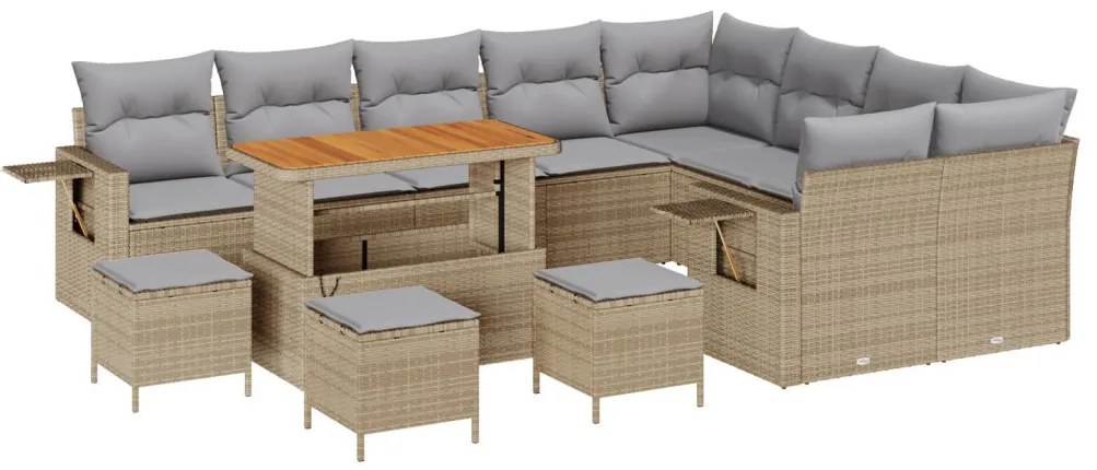 12 részes kerti sofa szett párnákkal bézs poli rattan anyagból, 3 részes kerti étkező szett párnákkal bézs poli rattan anyagból