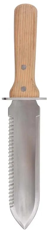 Rozsdamentes acél Hori Hori kés tokkal, kőrisfa nyéllel, 32 cm