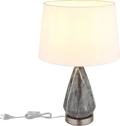 Globo 24147W Asztali lámpa fém nikkel matt, fehér textil, kábel textil fekete, billenőkapcsoló a kábelen, márvány megjelenésű fém talapzat, ø: 350mm, M: 540mm, kábel hossza 1500mm, 1x E27 40W 230V izzó nélkül