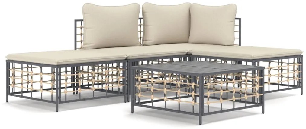 5 részes antracitszürke polyrattan kerti ülőgarnitúra párnákkal