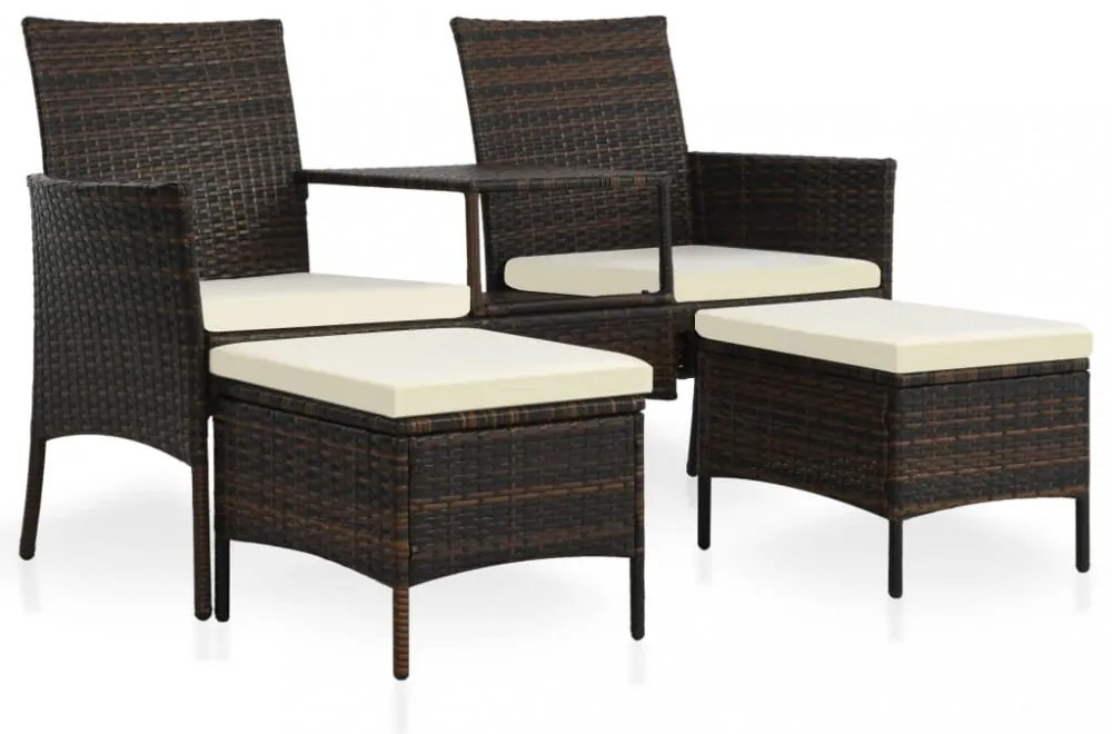 barna 2-személyes polyrattan kerti fotel asztallal/zsámolyokkal