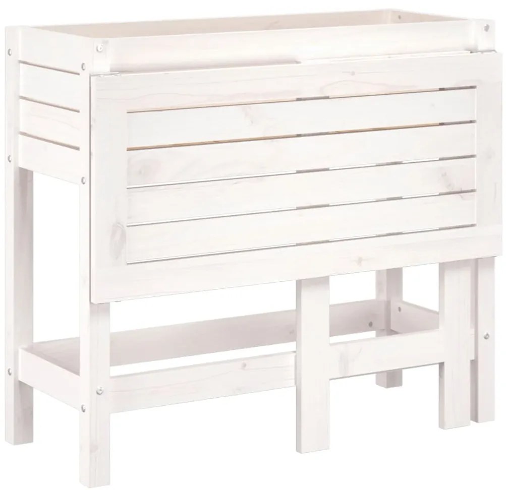 fehér tömör fenyőfa kerti ültetőláda összecsukható asztallappal