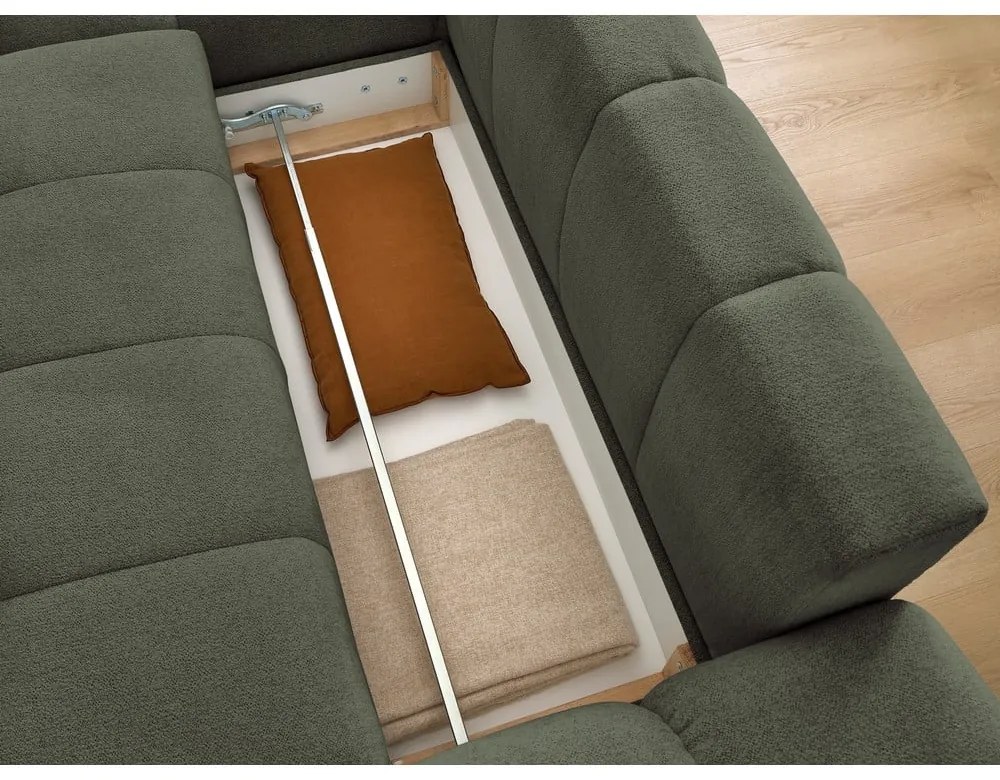 Zöld zsenília kinyitható-tárolóhelyes sarokkanapé (bal oldali-heverő résszel) Everest – Bobochic Paris