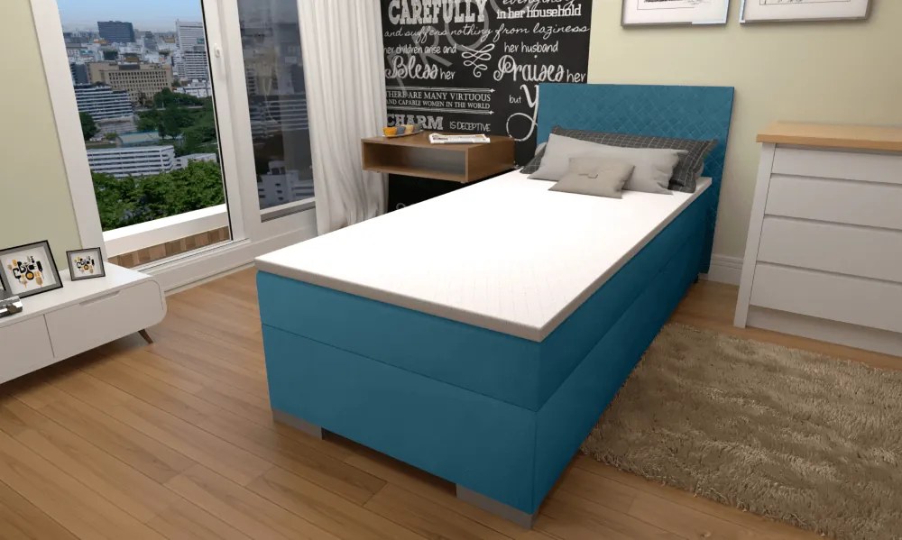 Boxspring ágy, egyszemélyes, azúrkék, 90x200, univerzális, ADARA
