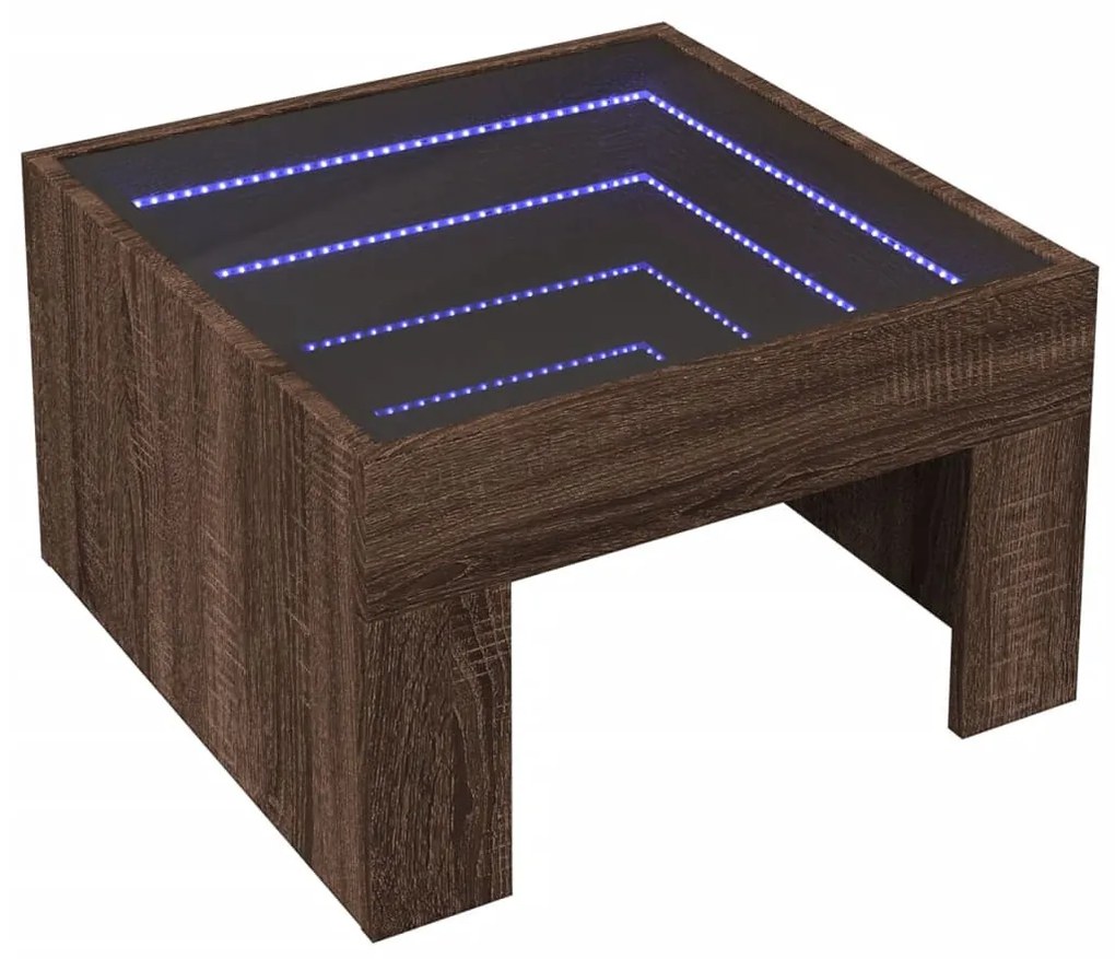 Barna tölgy végtelen hatású LED-es dohányzóasztal 50x50x30 cm
