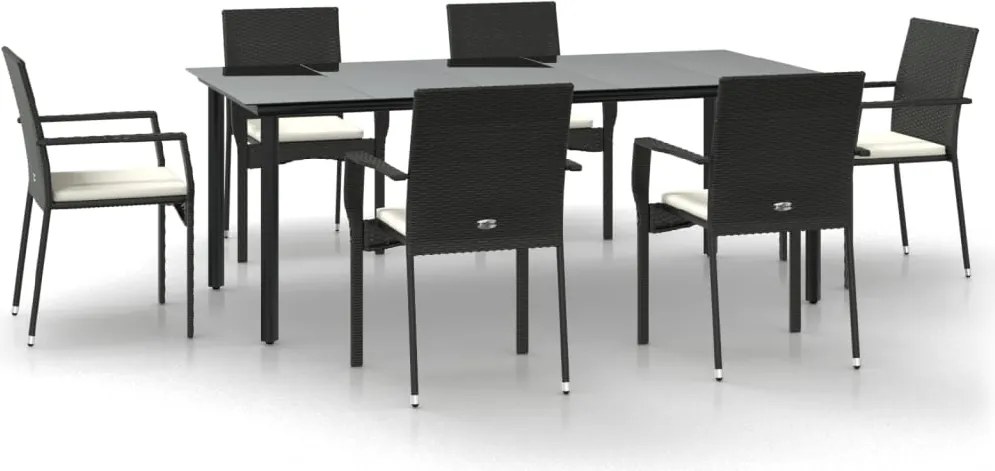 vidaXL 7 részes fekete polyrattan kerti étkezőgarnitúra párnával
