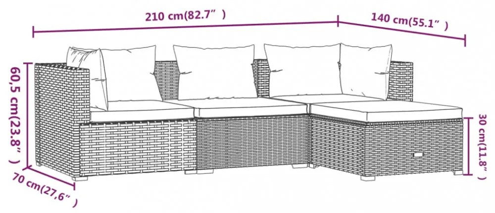 4 részes fekete polyrattan kerti bútorszett párnákkal