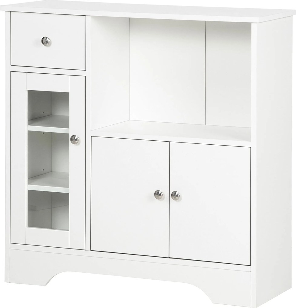HOMCOM Fehér Oldalszekrény Modern Konyhai Szekrény Üveg Ajtóval Fiókkal Nyitott Polccal és Állítható Polcokkal 80x30x82 cm | Aosom