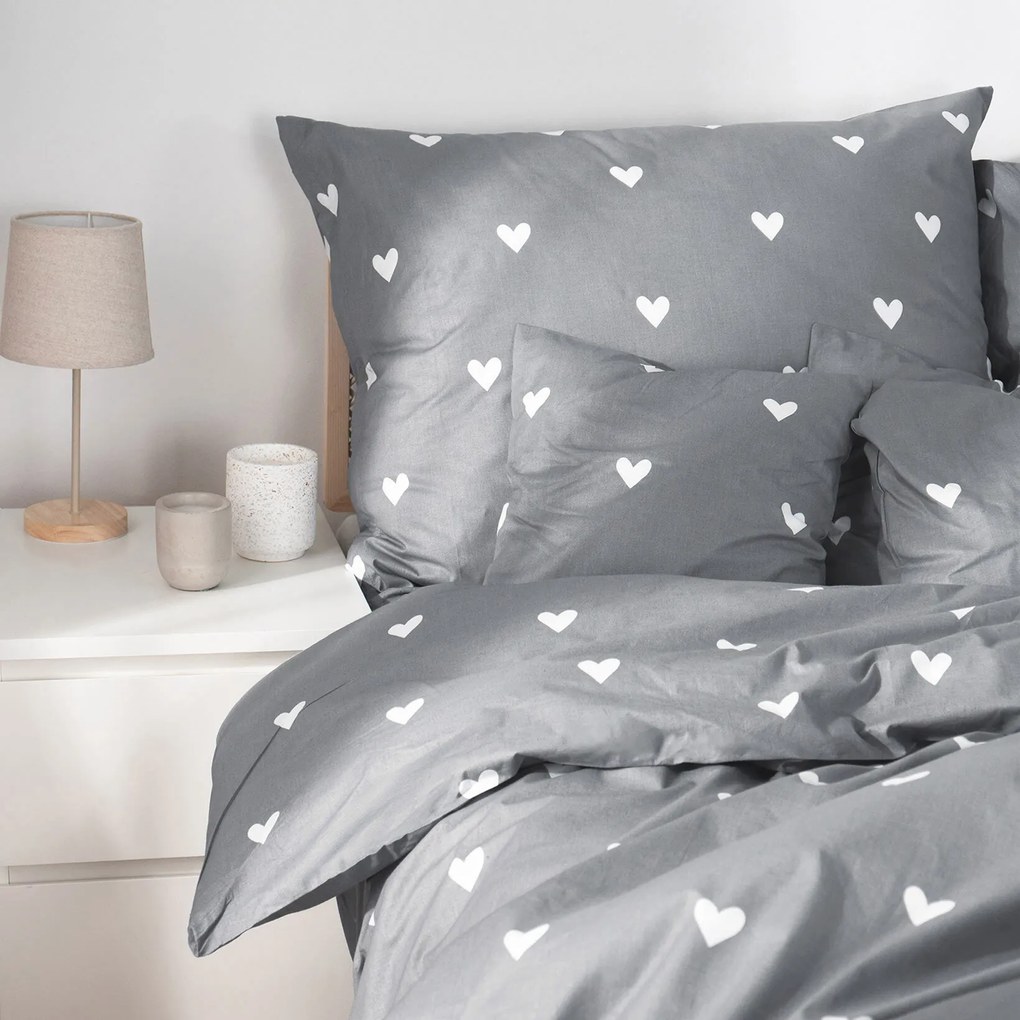 Goldea pamut ágyneműhuzat - szívecskék, szürke alapon 140 x 220 és 70 x 90 cm