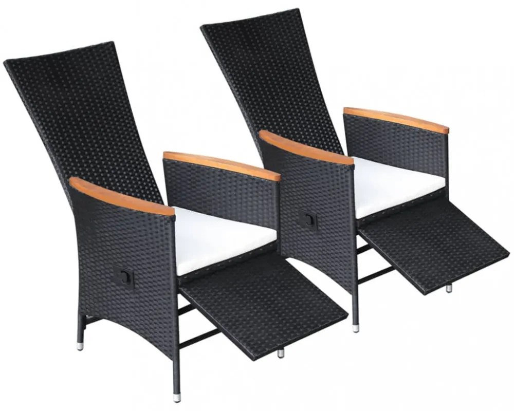 2 db fekete dönthető háttámlás polyrattan kerti szék párnával