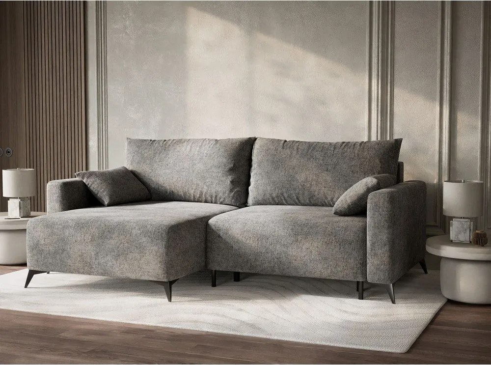 Szürke zsenília kinyitható-tárolóhelyes sarokkanapé (bal oldali-heverő résszel) Leon – Maison de Rêve