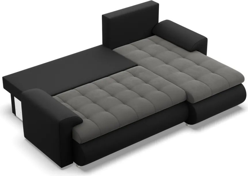 Tokio sarokkanapé, 2 ágyneműtartóval, bársony + műbőr, jobboldali, szürke - fekete