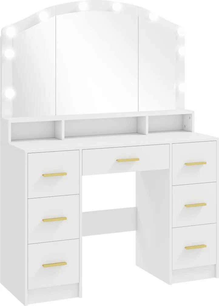 HOMCOM Fésülködőasztal, 10 LED Hollywood lámpával, 7 fiókkal, 3 rekesszel, 110 x 40 x 150 cm, fehér