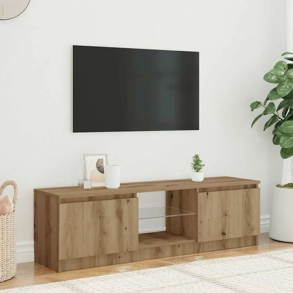 kézműves tölgy szerelt fa TV-szekrény LED-ekkel 140x40x35,5 cm