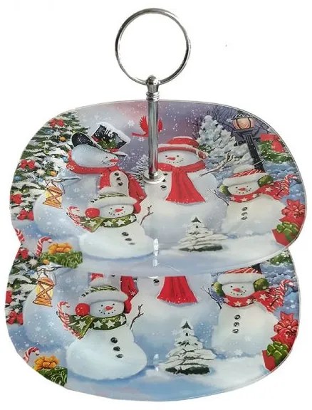 karácsonyi üveg két emeletes süteményes állvány Hóemberes