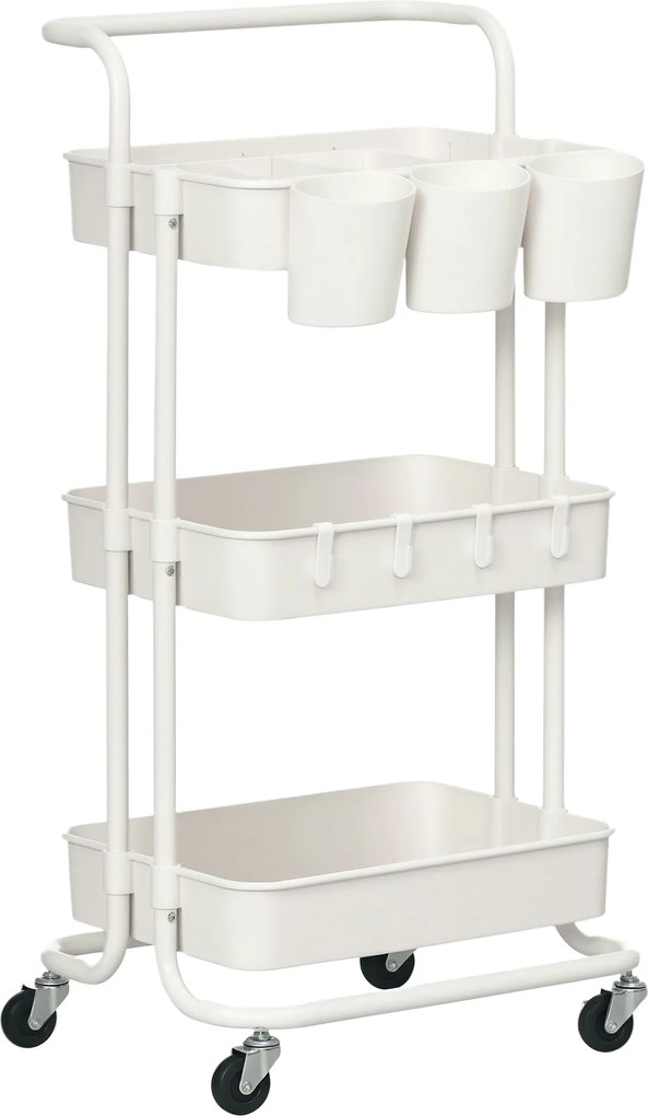 HOMCOM 3-Szintes Konyhai Kocsij, Gurulós Konyhai Rack Kifüggesztőkkel és Tároló Kosarakkal, Többcélú Kocsi Konyhához, Irodához, Fürdőszobához - Fehér