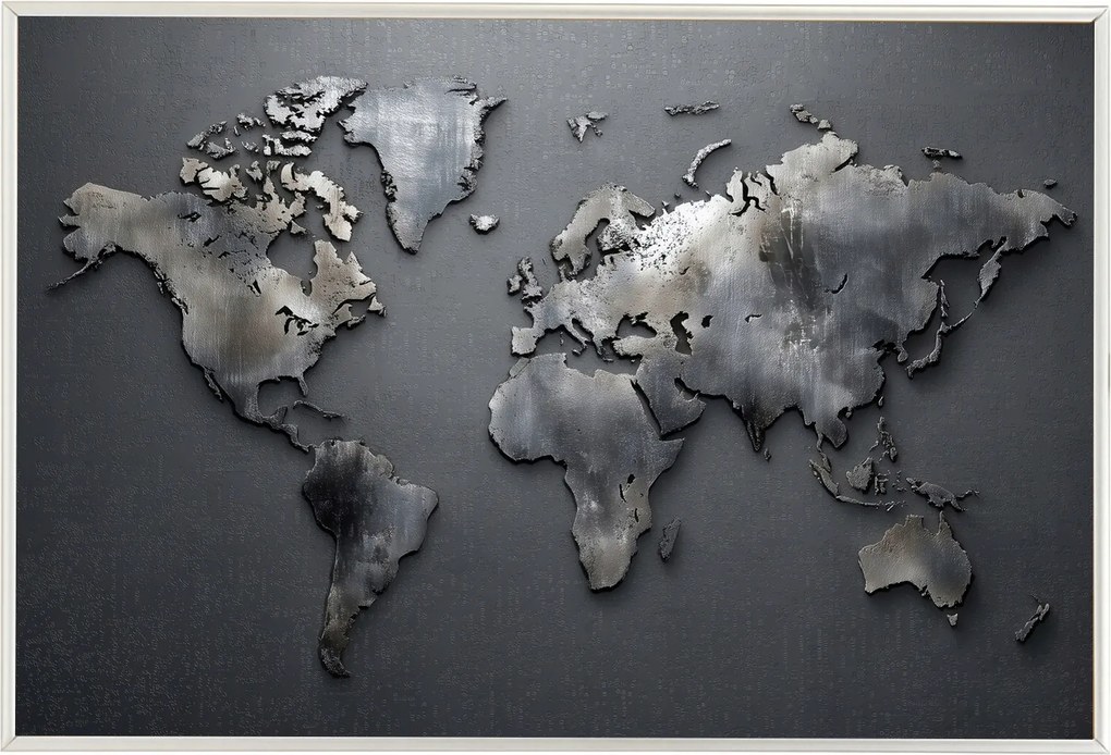 Poszter Alumínium Keret Világtérkép Fém Szürke Ipari Loft 60x40
