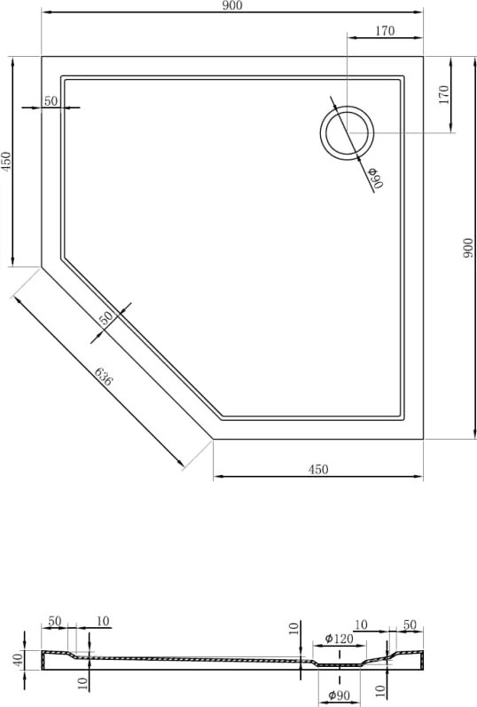 Mexen Flow slim ötszögletű zuhanytálca 90 x 90 cm, fényes fehér - 46P109090