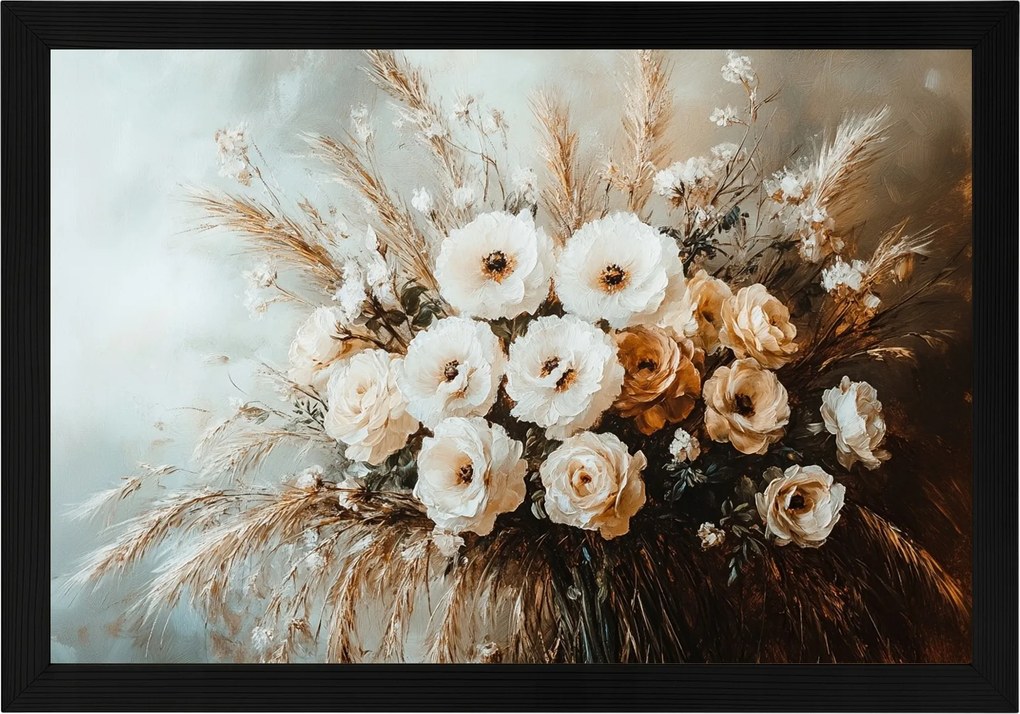 Poszter Keret Fa Dekoráció Csokor Virágok Fű Gabona Rózsa 60x40