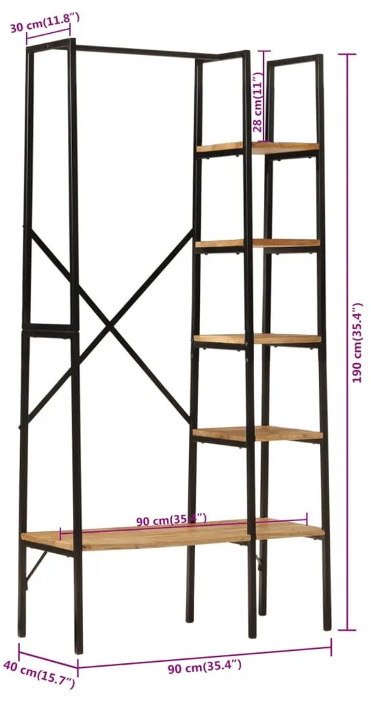 tömör mangófa és vas ruhaállvány polcokkal 90 x 40 x 190 cm
