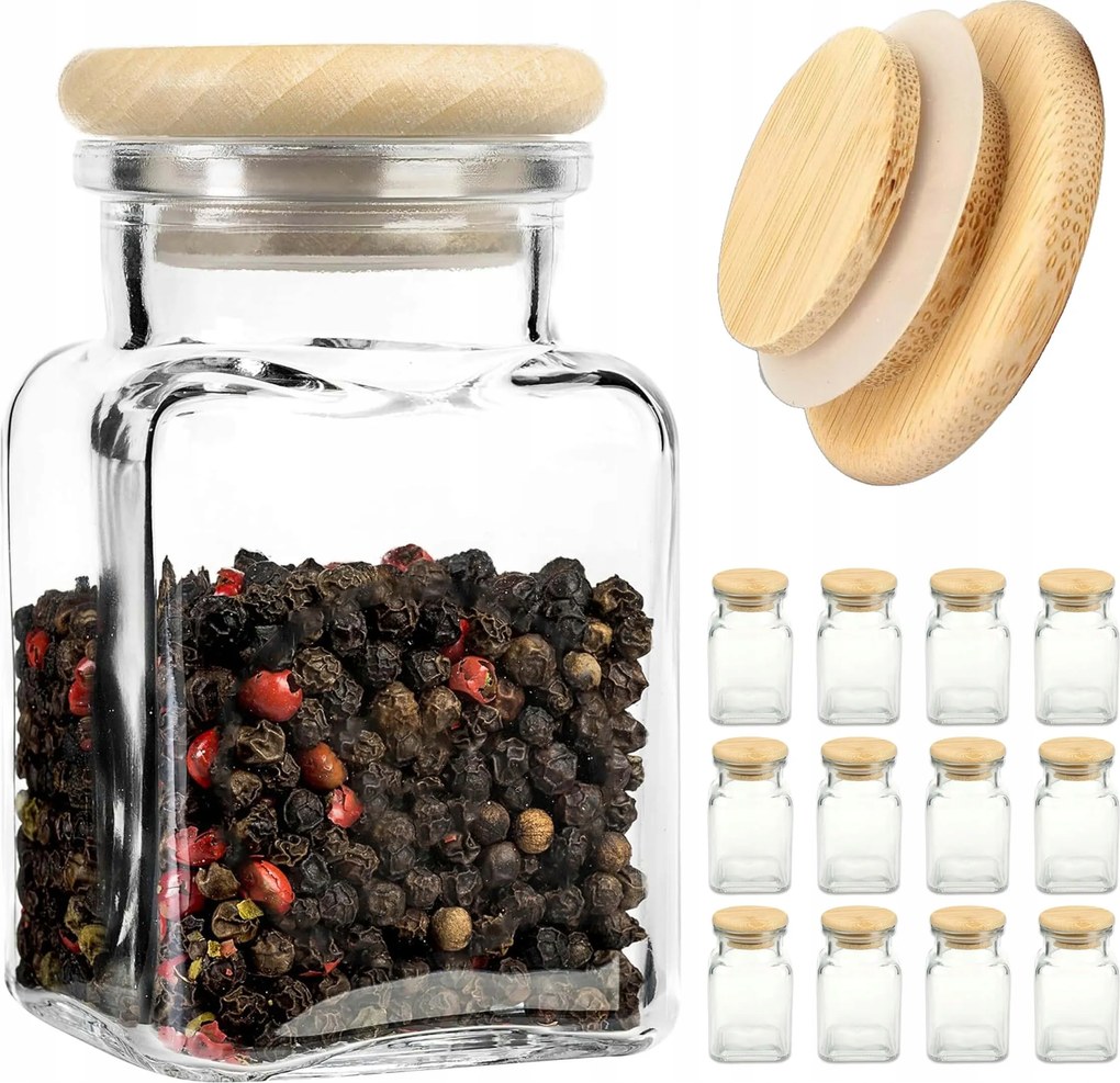 Fűszertartó Üveg Tégelyek 12x150ml bambusz fa kupak