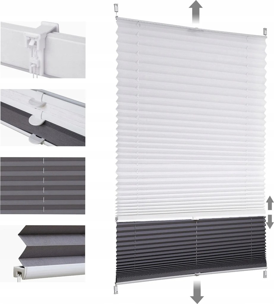 Dupla pliszírozott roló Éjjel-Nappal fehér-szürke 40 x 130 cm fúrás nélkül