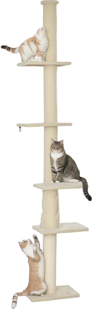 PawHut Padlótól a Mennyezetig Elérő Macskafa, Macska Kaparóoszlop, 225-275 cm Macskafa Platformokkal, Macska Bútor Antikiből Hátvédelmi Rendszerrel, T