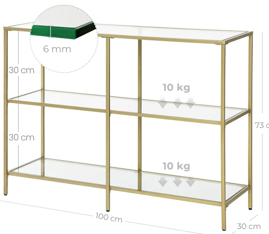 Edzett üveg konzolasztal 100 x 30 x 73 cm, lerakóasztal 3 polccal, arany