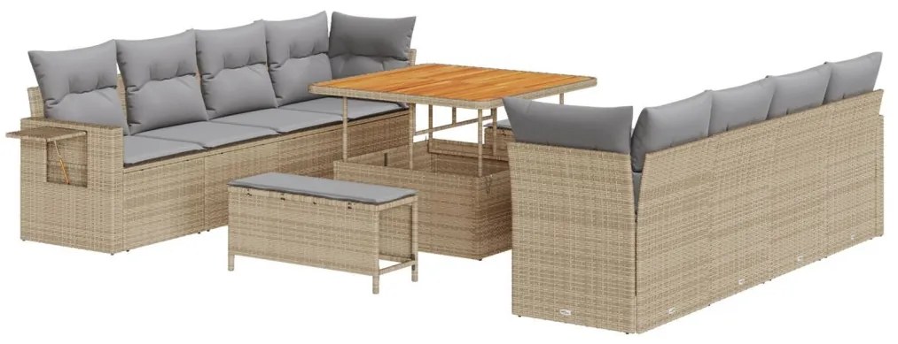 11 darabos Kertiszófa szett párnákkal Bézs Poli Rattan Akác, 3 darabos Kertis Dining Szett párnákkal Bézs Poli Rattan Akác