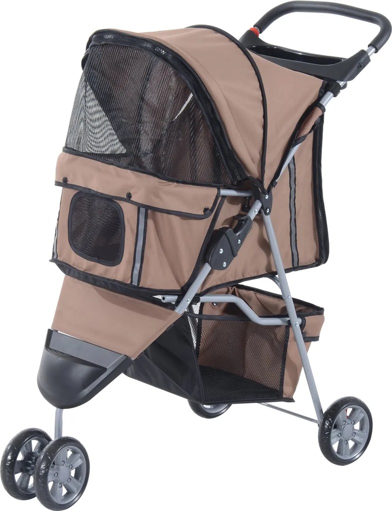 PawHut Összecsukható Kutya Babakocsi Kutyáknak és Macskáknak, Macskababakocsi Párnázott Hálóablakokkal, Kupa Tartóval és Tároló Táskával - Kávé | Aoso