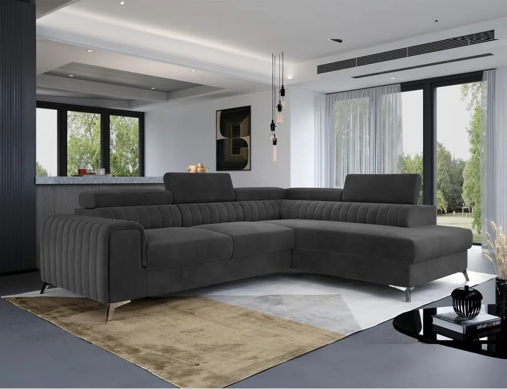 Sötétszürke bársony kinyitható-tárolóhelyes sarokkanapé (jobb oldali-L alakú) Laurence – ELTAP