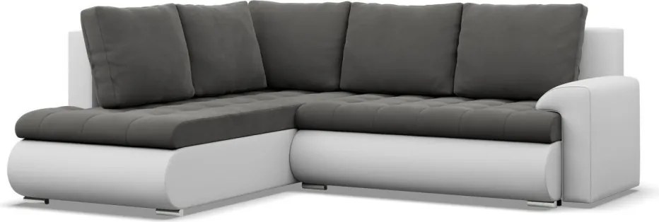 Tokio sarokkanapé, L alakú háttámlával, 2 ágyneműtartóval, bársony + műbőr, baloldali, szürke - fehér