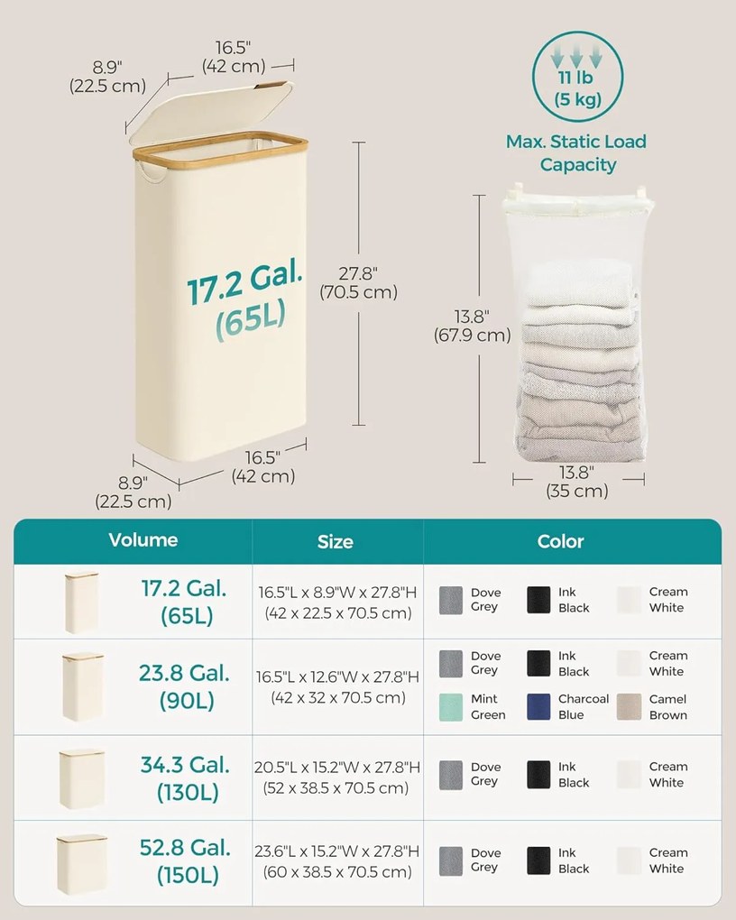 Keskeny szennyeskosár fedéllel, 65 L, krémfehér