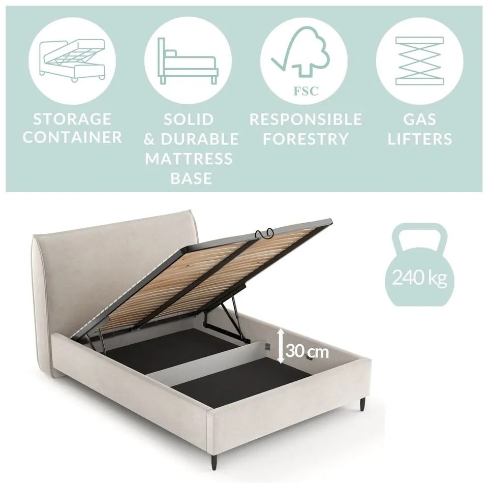 Krémszínű kárpitozott ágyneműtartós franciaágy ágyráccsal 140x200 cm Shell – Maison de Rêve