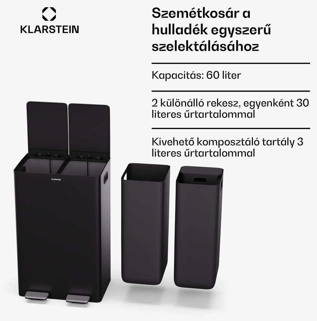 Klarstein Eco Vista, hulladékgyűjtő komposztálóval, 60 l + 3 l/tároló, + komposztáló, Soft-Close
