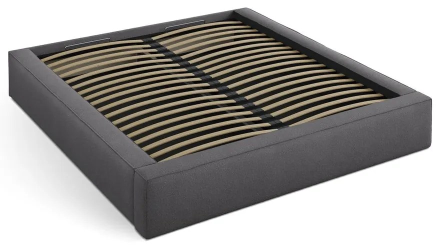 Sötétszürke kárpitozott ágyneműtartós franciaágy ágyráccsal 140x200 cm Simon Olivia – Micadoni