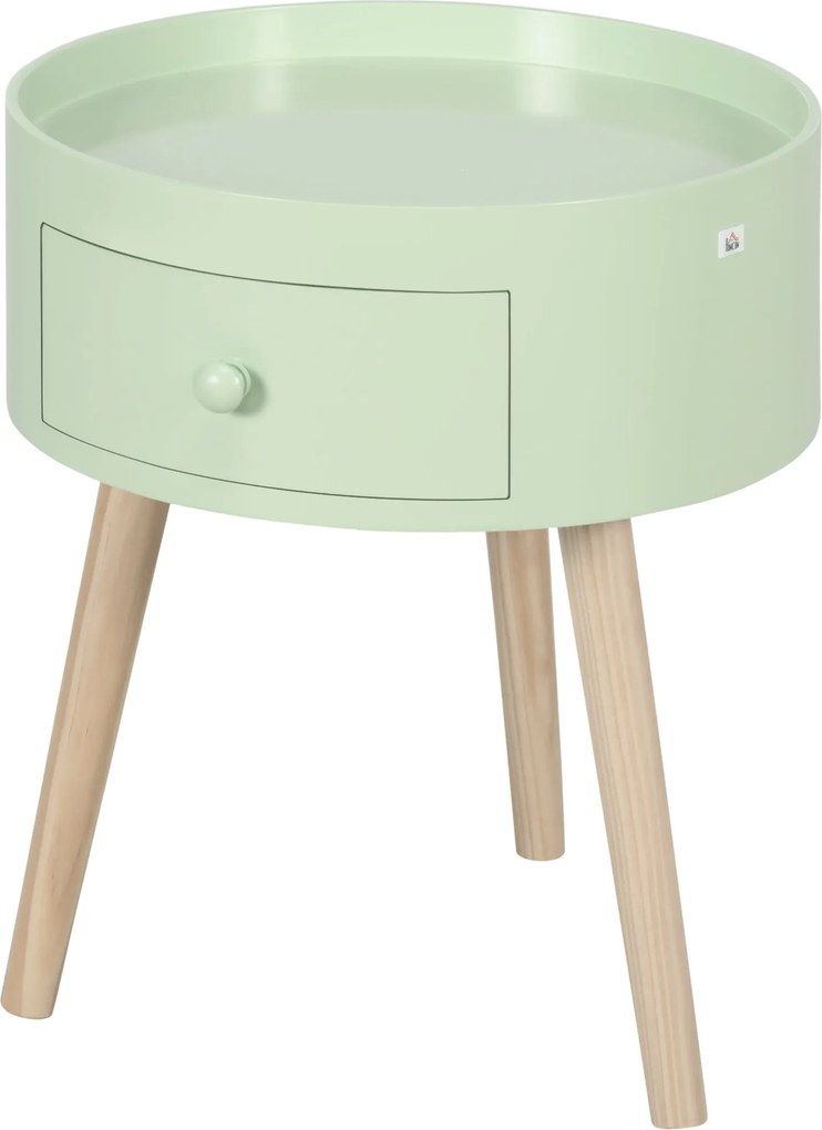 HOMCOM Távollévő Asztal - Éjjeliszekrény - Kerek Éjjeliszekrény - Skandináv Stílusú Oldal Asztal Fiokkal, Kúp alakú, Dőlt Szilárd Fa Lábakkal Zöld | A