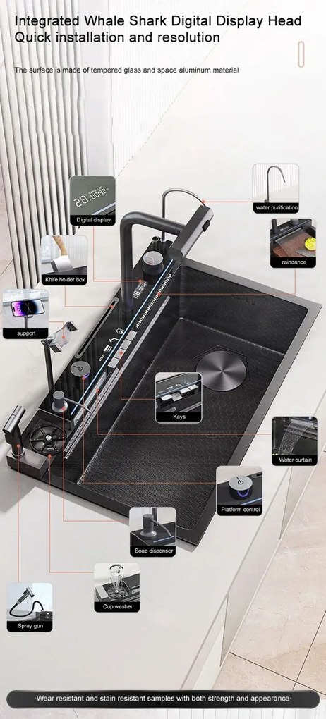 Konyhai csaptelep ELITE EDITION KS2299 kihúzható zuhanyfejjel, vízeséses kifolyóval és LED-világítással, több színváltozatban