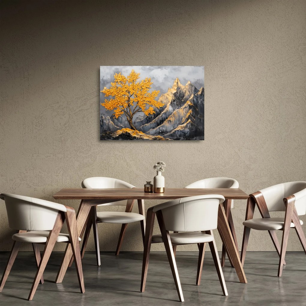 Üveg kép – Arany fa a hegyekben (70x50 cm)
