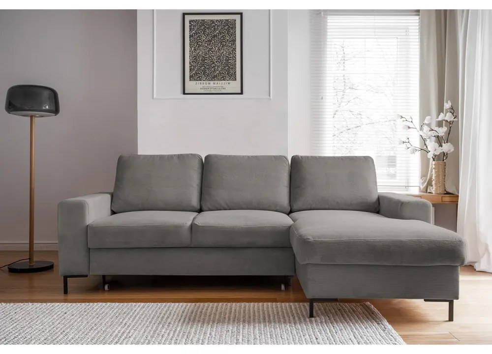 Szürke kordbársony kinyitható sarokkanapé (jobb oldali) Lofty Lilly – Miuform