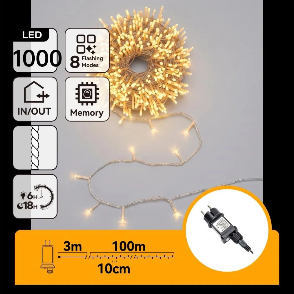 Aigostar - 1000 LED, 8 funkciós kültéri karácsonyi fényfüzér, 103 m, IP44, meleg fehér