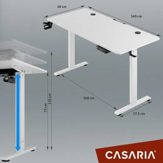 Casaria® Állítható magasságú irodai íróasztal fehér-140x60x118 cm